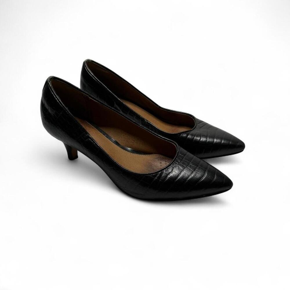 Clark’s Artisan Leather Crewso Black Croc Print Kitten Heels Womens Size 37 1/2
